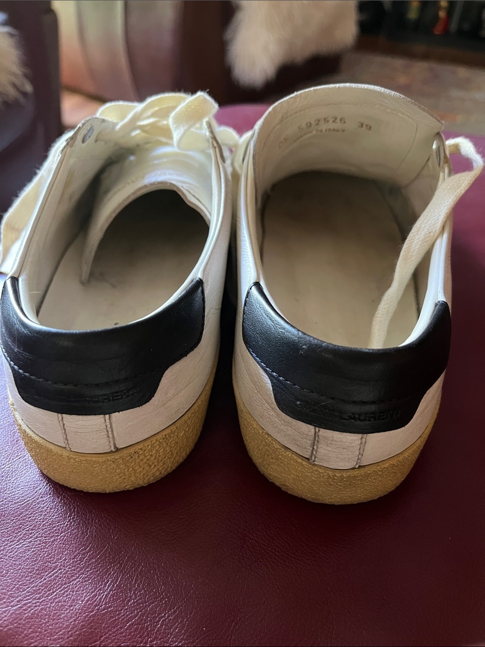 Saint Laurent White Leather Sneakers with Black Heel Tab and Tan Sole, size 9 - Picture 7 of 13